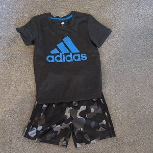 Adidas Charcoal Tee with Blue Logo and Camo Shorts